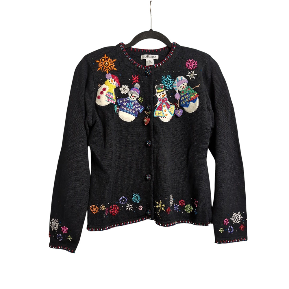 Vintage Collage Christmas Sweater Snowflakes Snowmen Size M